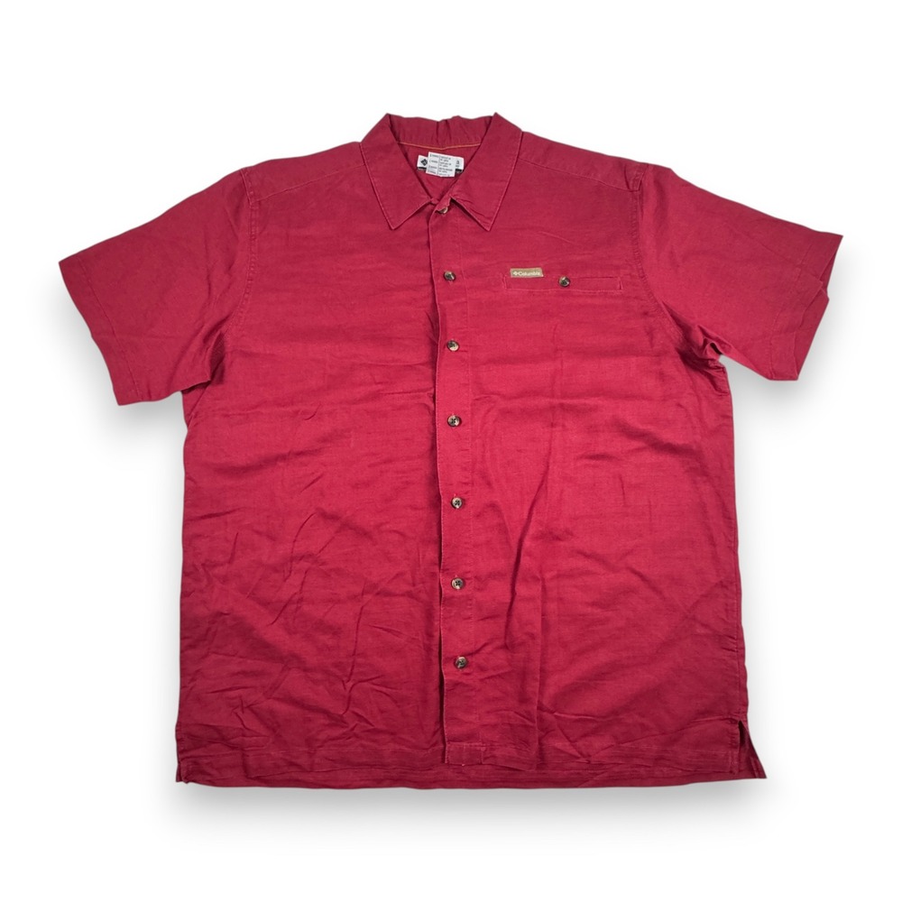 Columbia Button Up Shirt Short Sleeve Ramie Cotton Outdoor Mens Red Large